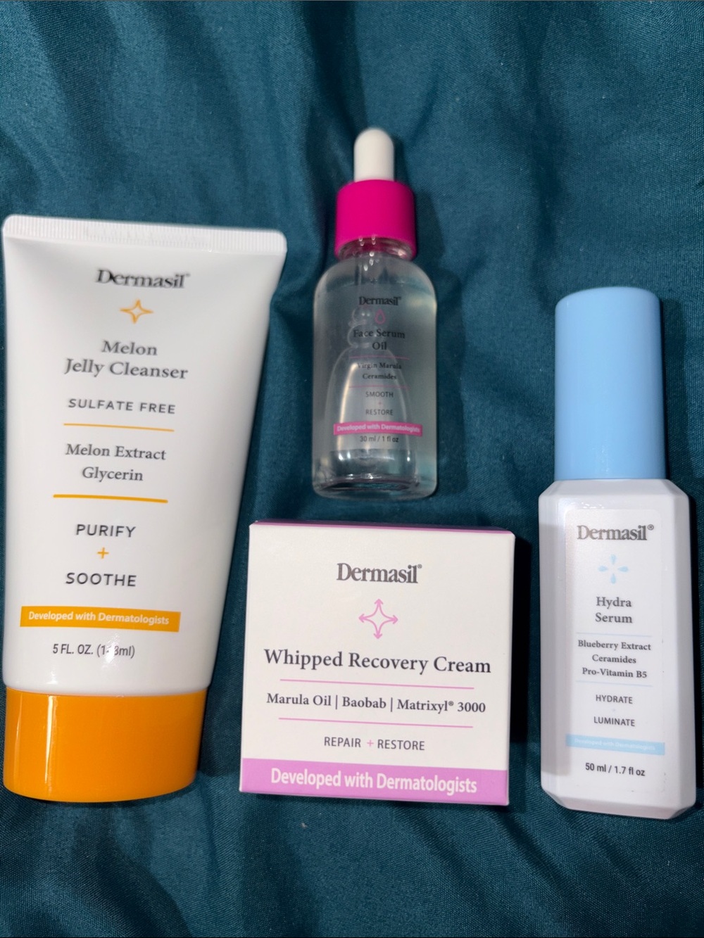 Dermasil- Melon Jelly Cleanser, Blueberry Extract Serum, Whipped Recovery Cream+